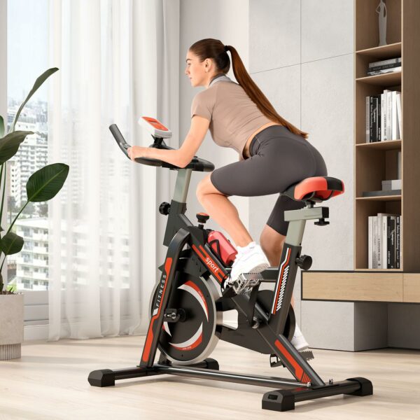 Jupgod Stationary Exercise Bike, Indoor Cycling Bike with Slient Flywheel, LCD Monitor, Comfortable Seat, Indoor Cycling Bike for Home Training Cardio, Black Red
