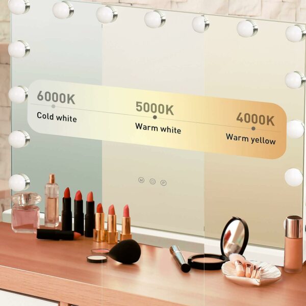 YOURLITE Hollywood Vanity Mirror with Lights, 58×45cm Lighted Makeup Mirror with 15 Dimmable Led Bulbs, 3 Lighting Modes, Touch Screen Control, Tabletop and Wall Mounted for Bedroom