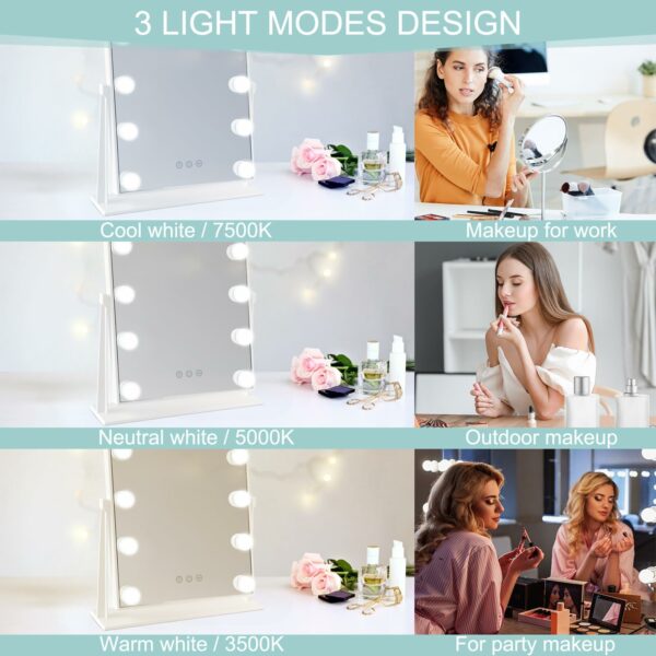 Hibtn Hollywood Vanity Mirror With Lights,Lighted Makeup Mirror With 12 Dimmable Led Bulbs With 3 Color Light,Touchscreen Control, Dressing Tabletop USB Charging
