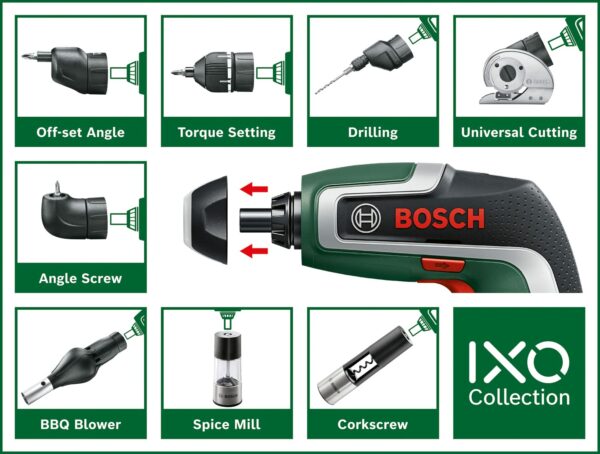Bosch IXO Cordless Screwdriver (7th Generation, 3.6V, 2.0Ah, 5.5Nm, with Micro USB Cable, Includes Angle Attachment, Screws up to 190 Screws, in Box) - Amazon Edition