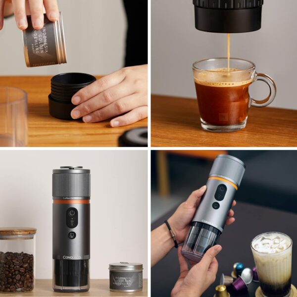 CONQUECO Portable Espresso Machine Travel: 12v Car Coffee Maker with Battery for Camping - Small Electric - 2.5 Mins Heating - 8 Cups Espresso for One Charge