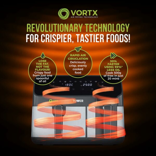 Tower T17099 Vortx 5.2L & 3.3L Eco Dual Basket Air Fryer with 8 One-Touch Pre-sets, 1700W, Black