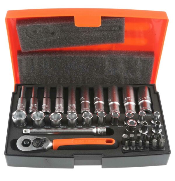 Bahco SL25L Socket Mechanical Set, Metric ,Black/Red,1/4" Dynamic Drive, 37 Pieces