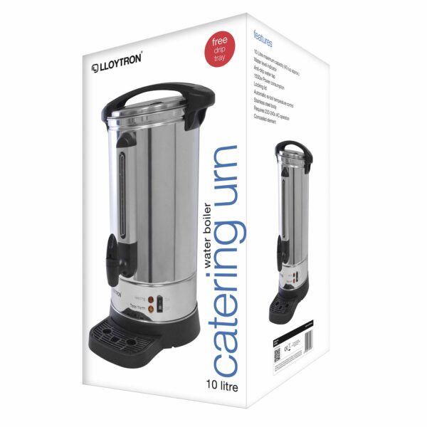 LLOYTRON 10 Litre 1500w Stainless Steel Catering Urn / Water Boiler / Anti-drip Tap / Water Level Indicator / Drip Tray / Auto Re-boil Temperature Control / Locking Lid / E1910 / Stainless Steel
