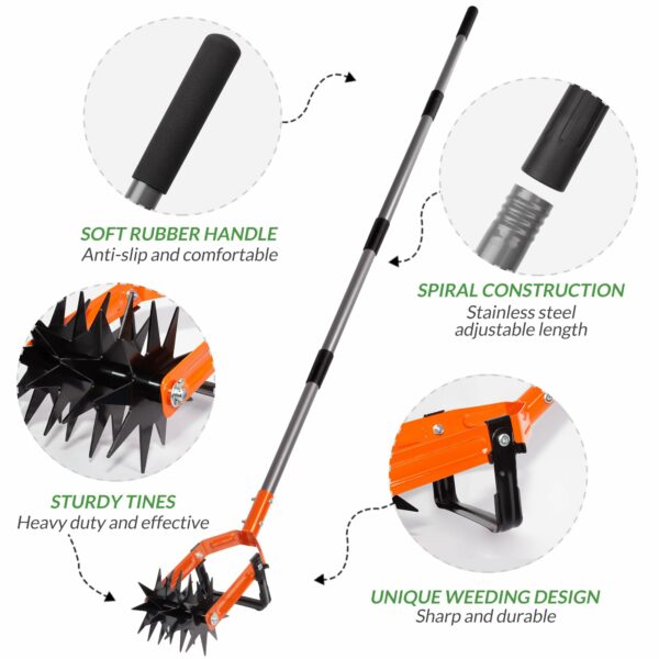 Walensee Rotary Cultivator Tool, Adjustable Garden Hand Tiller with Stainless Steel Pole, 2-in-1 Garden Weeder and Crumbler Soil Cultivator Tool for Soil Mixing or Reseeding Grass