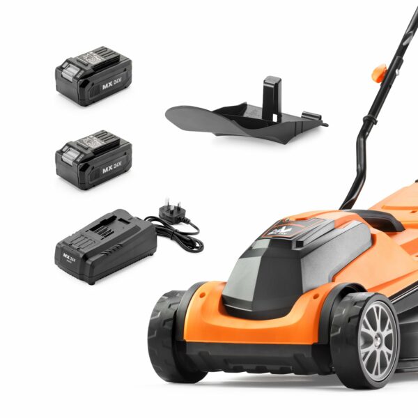 LawnMaster MX 24V 34cm Cordless Lawnmower Plus Spare Battery, MX 24V 4.0Ah Lithium Ion Battery and Fast Charger - With Rear Roller (34cm Mower)