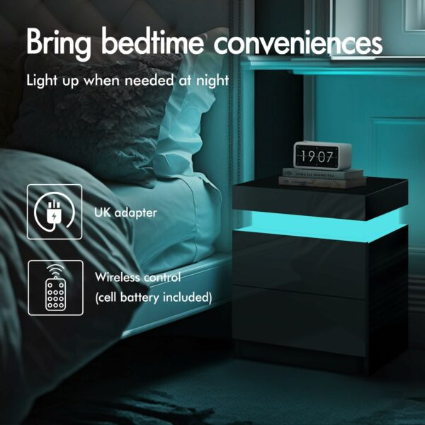 Elfordsen Led Bedside Table with 2 Drawers and 1 Top Drawer, Bedside Cabinet with 4-side High Gloss