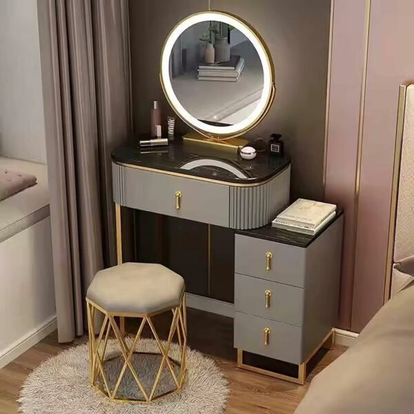 Dressing Table Set with LED Lights Mirror and 4 Drawers, Wooden Makeup Vanity Desk Stool, Modern Makeup Vanity Dressing Table with Cushioned Stool, for Women Girls,Black+gray,L:60cm/23.6 inc