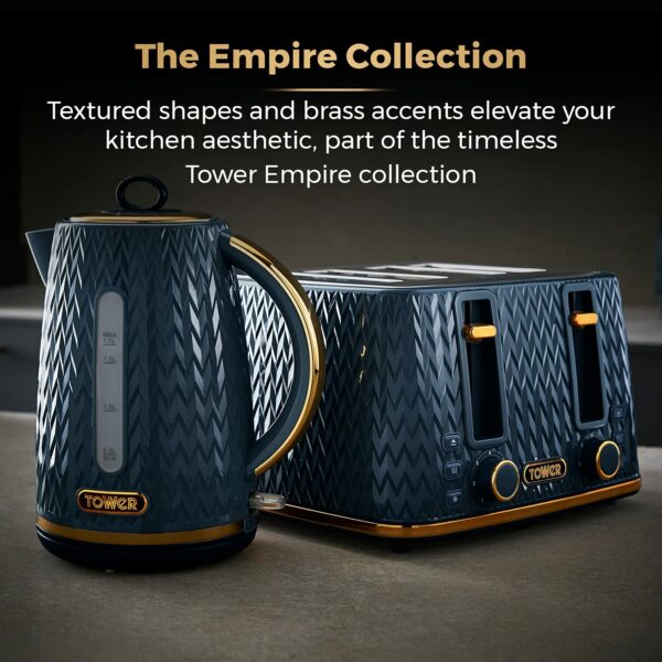 Tower T20061MNB Empire 4-Slice Toaster with Defrost/Reheat, Removable Crumb Trays, 1600W, Midnight Blue and Brass