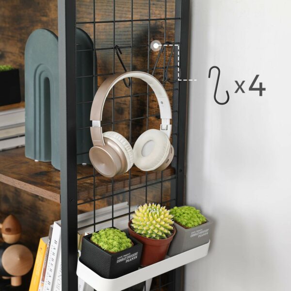 Vasagle Bookcase, Office Storage Shelf, 4 Tiers for Books, Decorations, Stable Steel Frame, S-Shaped Hooks for Hanging