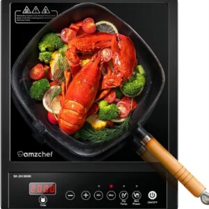 AMZCHEF Single Induction Hob, Portable Induction Hob, 10 Temperature Settings and Power levels from 300W to 2000W, Black Frosted Glass Panel,Sensitive Press Control, 3-hour Timer