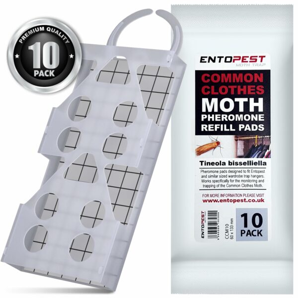Entopest – Monitoring Moth Traps | 10 Refill Pads & 10 Reusable Hangers | Clothes Moth Detection | Sticky Monitoring Pads for Wardrobes | Pheromone-Based Monitoring Only