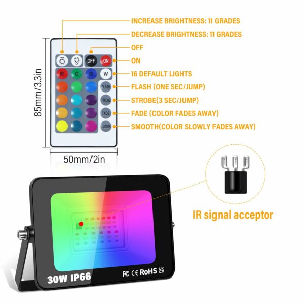 Rigidon 4 Pack Outdoor RGB LED Floodlight, 30W Dimmable 16 Colour Changing Flood Lights for Garden, Courtyard, Landscap