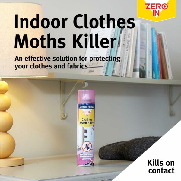 Zero In Clothes Moths Killer Spray- Fast-Acting Insecticide with Prallethrin & 1R Trans Phenothrin - Kills Moths on Contact - For Wardrobes, Textiles & Clothes - Long-Lasting Moth Spray, 300ml Aerosol