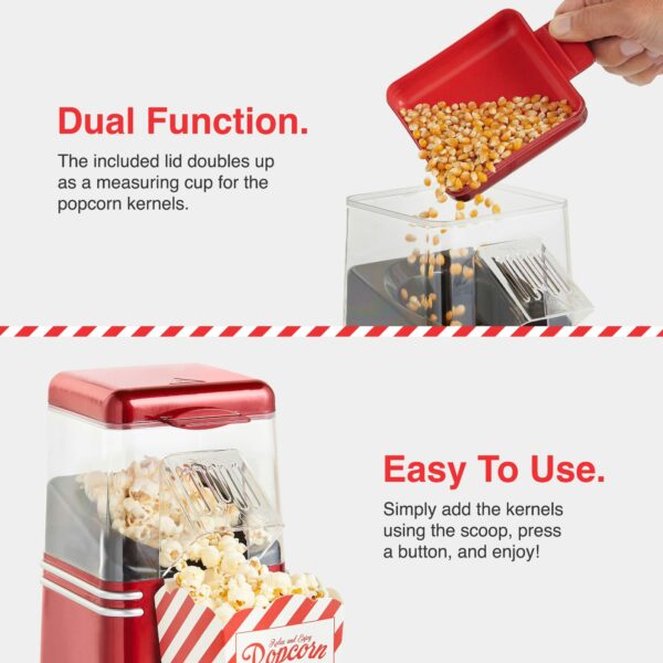 VonShef Popcorn Machine Retro – 1200W Air Popcorn Maker with Hot Air Circulation, One Touch Operation Movie Night Accessories, Healthy & Oil Free Snack Maker for Kids with 6 Boxes – Red