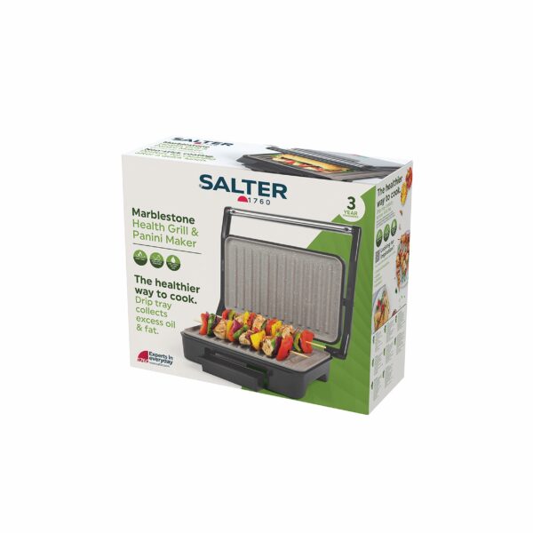 Salter Marblestone Health Grill – Non-Stick Panini Maker, No Oil Needed, Floating Hinge For Larger Foods, Automatic Temperature Control, Built-In Removable Drip Tray, Cool Touch Handle, 750W, EK2009