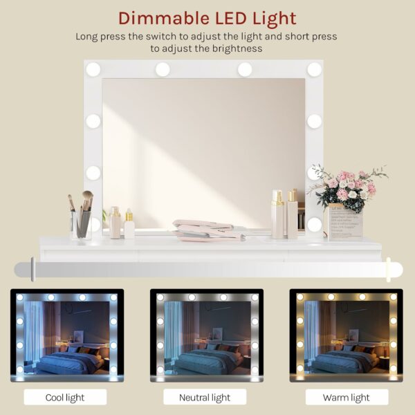 WOLTU Dressing Table with Lights and Multi-Socket, Vanity Desk with Large LED Mirror and 7 Drawers, Makeup Desk 110x39.5x140.5cm, White Modern Bedroom Dresser, MB6124ws