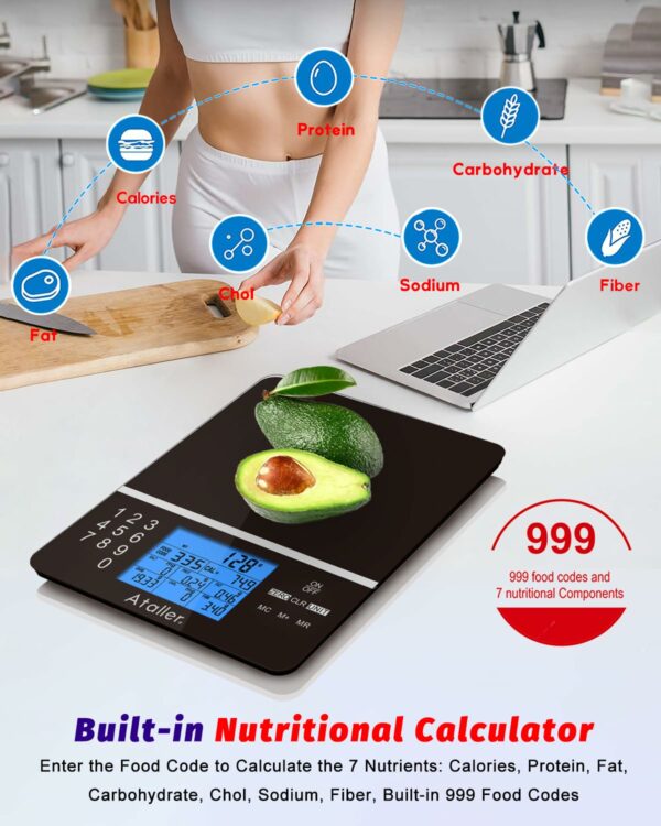 Ataller Food Scale with Nutritional Calculator, Kitchen Diet Scale, Digital Food Calorie Counting Scale for Meal Prep, Kitchen, Baking, Weight Loss, Resolution 1g, Max 5kg 11Ib, Tempered Glass, Black