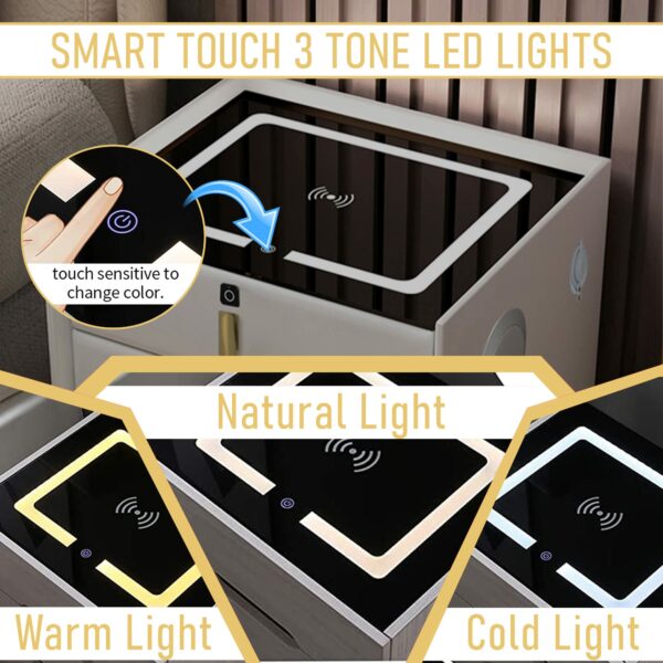 Smart Bedside Table With Smart Fingerprint Lock, 5.0 Bluetooth Speakers, 2 Drawers, Double-Layer Countertop & Built-in Three-Tone Lights, Smart Bedroom Nightstand with Wireless Charging