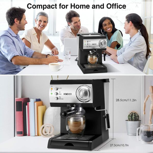 Homever Espresso coffee machine with milk steamer, Traditional 15 Bar High Power Coffee Maker Built in Italy Barista Pump, Ground Coffee Machines with 1.5L Water tank for Cappuccino, Latte, Macchiato
