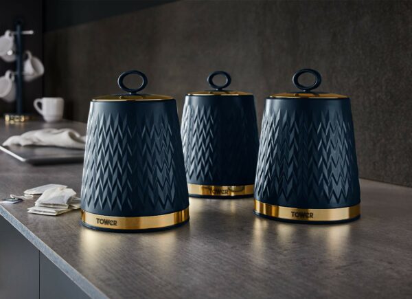 Tower T826091MNB Empire Kitchen Storage Canisters, Tea, Coffee, Sugar, Set of 3, Midnight Blue