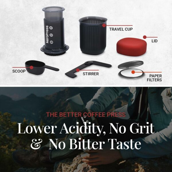 Aeropress Go Portable Travel Coffee Press Kit, 1-3 Cups in a Minute, Coffee, Espresso, & Cold Brew Maker, Manual Coffee Making Machine for Travel, Includes Mug & Lid, Grey