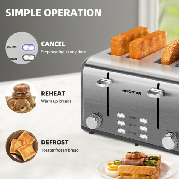 Aigostar Toaster 4 Slice Stainless Steel Toaster with Independent and Extra-Wide Slots, High Lifting, Defrost & Reheat Functions, Variable Browning Settings, Silver - Gordon 30ZGE