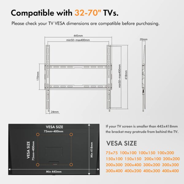 VonHaus TV Wall Bracket for 32-70" Screens, Ultra-Slim TV Bracket with Spirit Level, Flat to Wall Mount, 45kg Capacity, Max VESA: 400x400mm