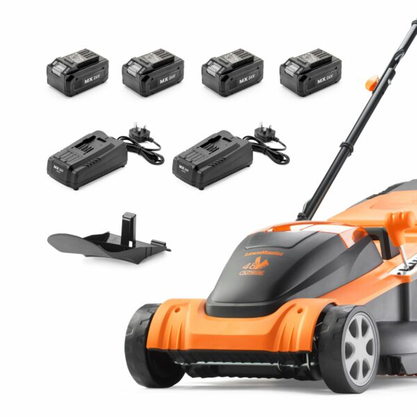 LawnMaster 48V 41cm Cordless Lawnmower with Spare MX 24V 4.0 Ah Batteries and 2x Fast Chargers - with Edging Comb, Rear Roller and Mulching Function - For Large Lawns