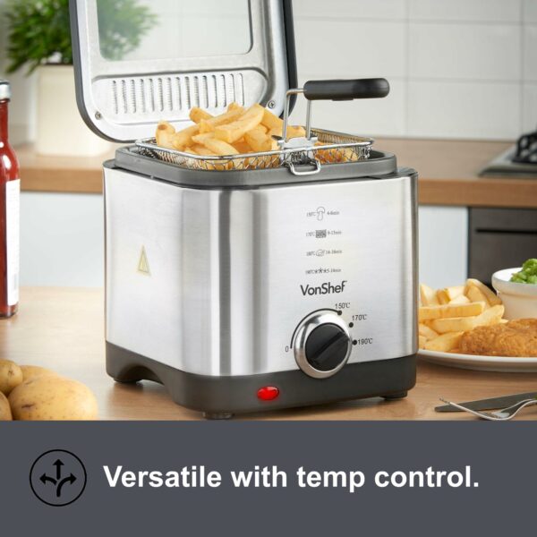 VonShef Deep Fat Fryer- Stainless Steel 1.5L Fryer with Easy to Use Adjustable Temperature Control, Indicator Lights, Observation Window, Non-Stick Removable Basket for Easy Clean & Non-Slip Feet