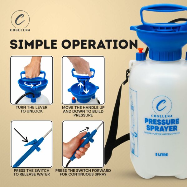 Coselena 5L Garden Sprayer - Portable High Pressure Sprayer with Carry Strap & Adjustable Spray - Durable Weed Killer Pump Sprayer & Plant Spray Bottle - Ideal Sprayer for Patio Cleaning & Garden
