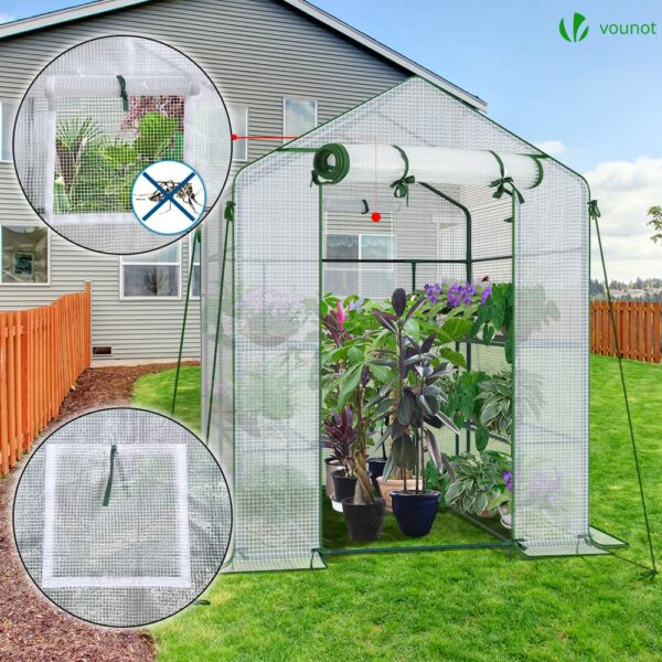 VOUNOT Walk In Greenhouse with Shelves, Roll up Zip Panel Door Garden Plastic Polytunnels Grow House for Outdoor Use, White 143x143x195cm