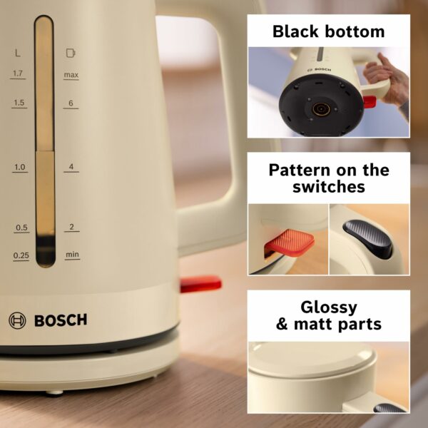 Bosch MyMoment Infuse TWK3M127GB Electric Kettle with 1.7 L Capacity and Fast Boil, Dual Sided Water Gauge, Limescale Filter, Cord Storage in Cream