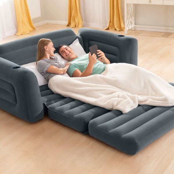 Intex King Size Sofa Bed Pull-Out Inflatable Camping Sleep Away Futon Couch with 3 quick inflation and Deflation Valves, 203 x 231 x 66 cm, Grey