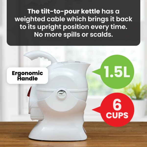 Uccello Electric Safety Kettle | Black Tipper Base Included | Effortless Pour Every Time | Daily Living Drinking Aid For Disabled and Seniors | 1.5 Liters | Black and White