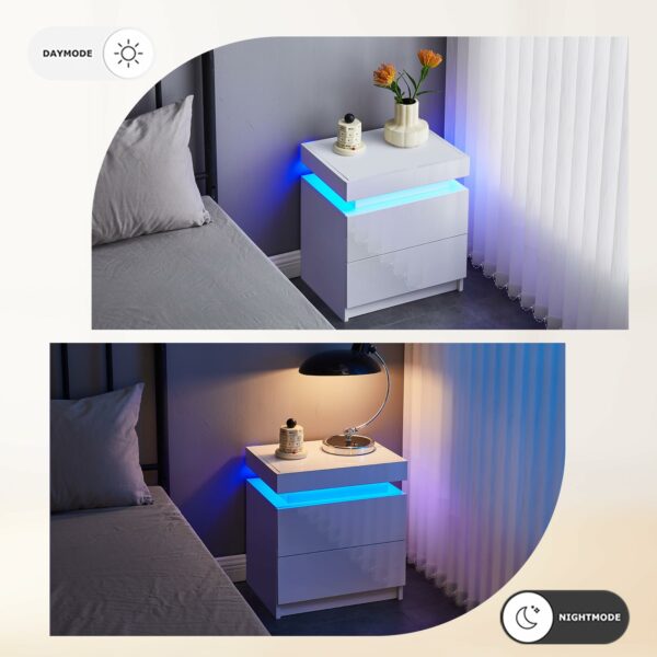 Tukailai Set of 2 White Bedside Table with 2 Drawers and Top Storage, Modern Gloss Front Bedside Cabinet with LED Lights