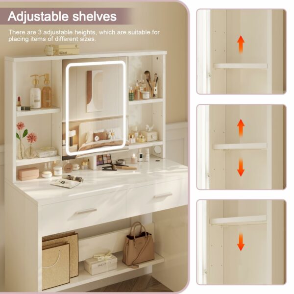 Devoko Dressing Table with LED Lights, 3 Light Colours, Adjustable Brightness,Vanity Desk with 2 Drawers, Jewellery Storage and Open shelves, Makeup Desk with Mirror, 90×40cm (White)
