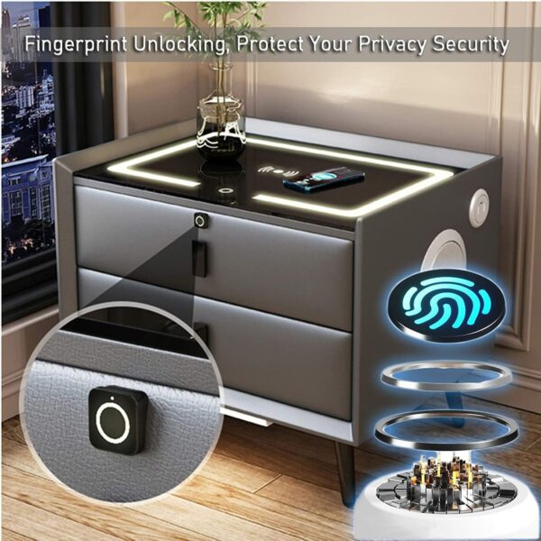 Baubuy Smart Nightstand Wireless Charging Station Bluetooth Speaker Fingerprint Lock 2 Drawers Bedside Table Modern Bedroom Bedside Locker