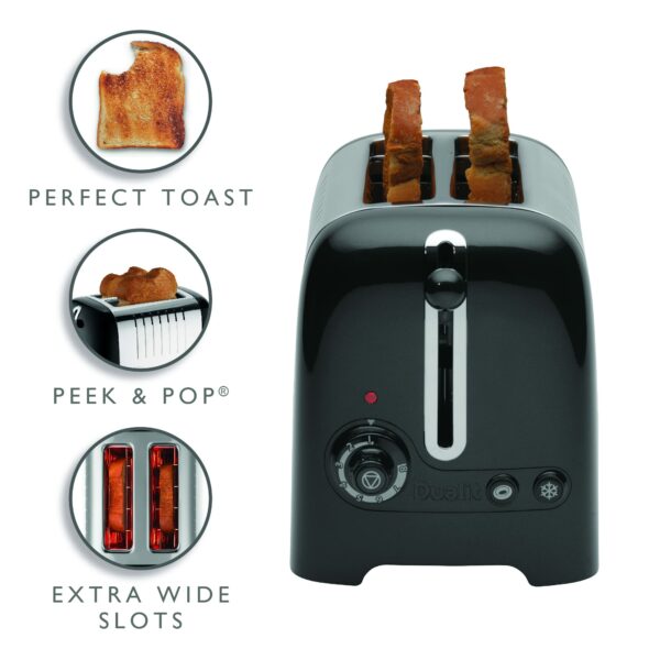 Dualit 2 Slice Lite Toaster | 1.1kW Toasts 60 Slices an Hour | Polished with High Gloss Black Trim | Bagel & Defrost Settings | 36 mm Wide Slots | 26205