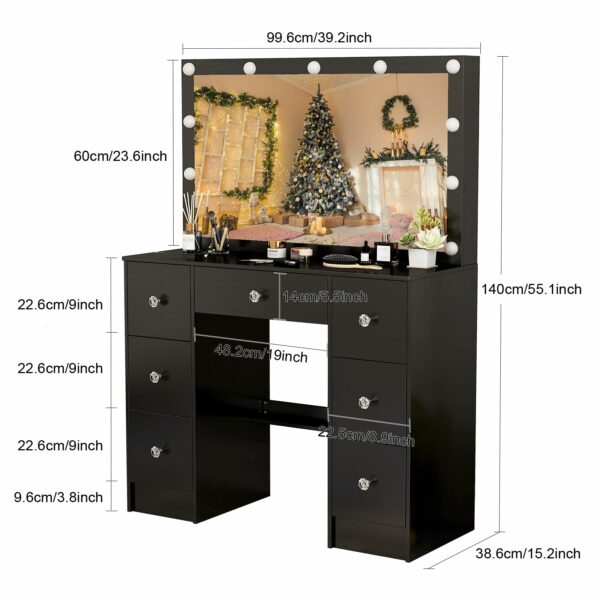 Guanglai Makeup Vanity with Large Lighted Mirror & 6 Drawers, Vanity Desk set 3 Lighting Modes Adjustable Brightness, Dressing Table for Women Girls, Crystal handle, Black