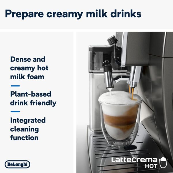 De'Longhi Dinamica Plus ECAM370.95.T, Automatic Bean to Cup Coffee Machine, LatteCrema Hot Milk Frother, Smart One Touch Technology, App, 3.5" Touchscreen, My Function, 1450W, Titanium