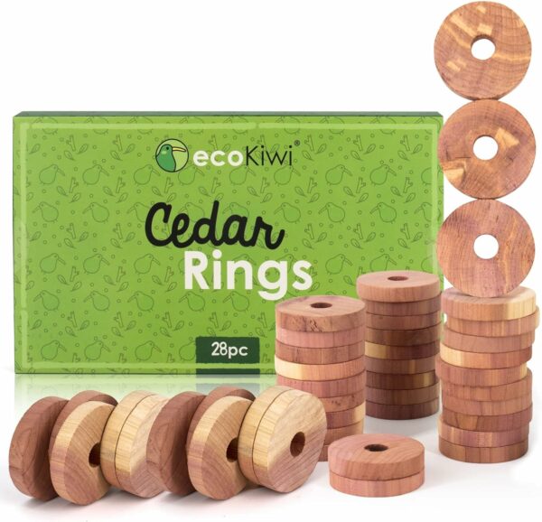 ecoKiwi Moth Repellent for Wardrobes Cedar Rings - 28 Pack - 100% Natural Cedar Balls - Anti Moth Products - Cedarwood Oil Moth Repellent for Rooms & Clothes - Moth Balls for Wardrobe with Sandpaper