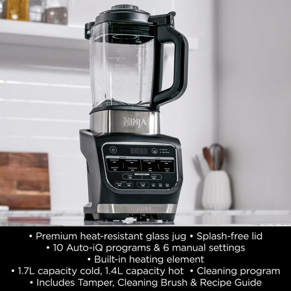 Ninja Foodi Blender & Soup Maker, 10 Auto-iQ Programs, 1.7L Glass Jug, Hot & Cold Blender, Built-In Heating Element, Tamper, Cleaning Program & Brush, 1000W, Black HB150UK