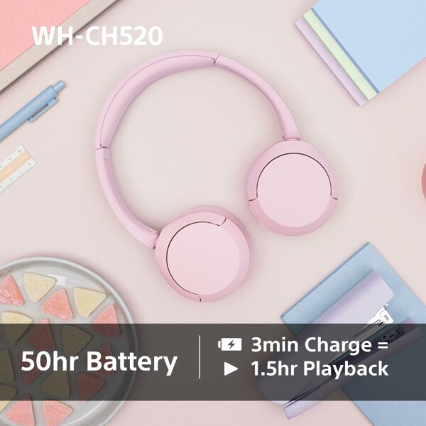 Sony WH-CH520 Wireless Bluetooth On-Ear Headphones, High Quality Sound, Lightweight Design, Up to 50hr Battery Life, Quick Charge, EQ, Clear Call Quality, iOS & Android - Black