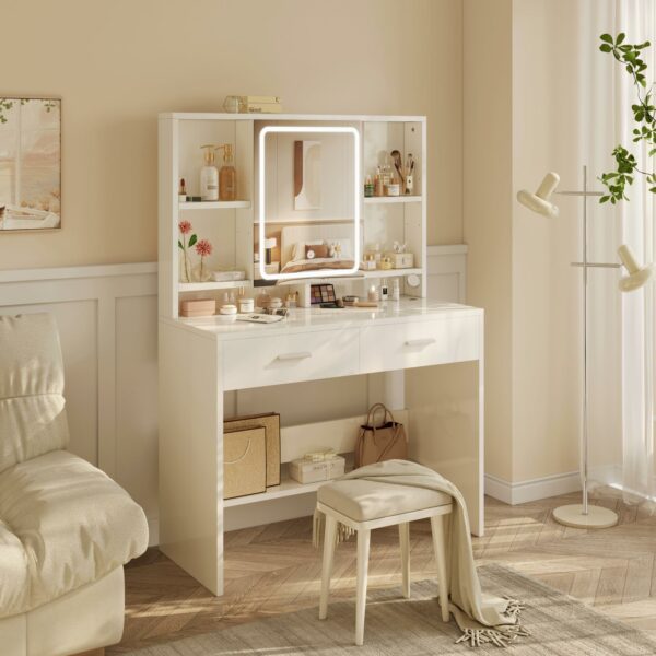 Devoko Dressing Table with LED Lights, 3 Light Colours, Adjustable Brightness,Vanity Desk with 2 Drawers, Jewellery Storage and Open shelves, Makeup Desk with Mirror, 90×40cm (White)