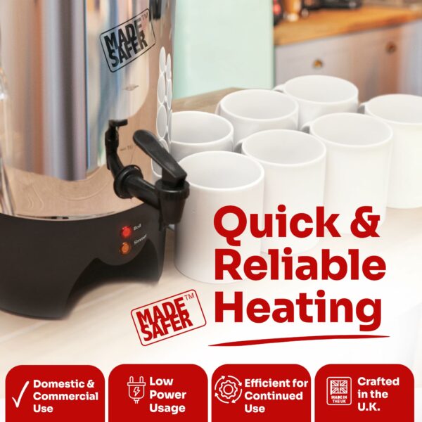 Made Safer - Hot Water Urn, Boiling Dispenser for Tea & Drinks, Low Energy & Versatile Boiler, Designed in the UK, 7.5L (40 Cups)