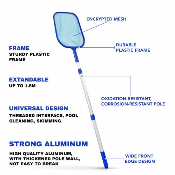 Crystals Pool Skimmer Net - Swimming Pool Cleaning Net with Extendable Telescopic Pole - Fine Mesh Pond Skimmer for Fountain Tubs Spa Fish Tank