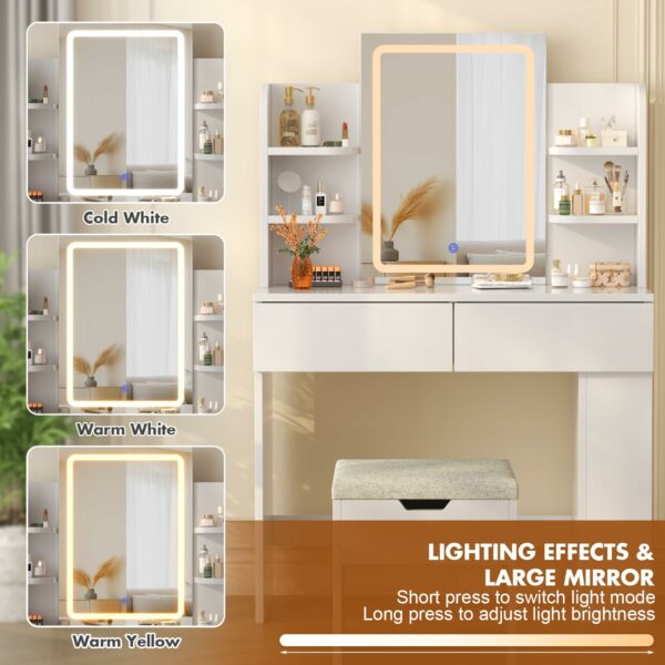 Devoko Dressing Table with Stool,Vanity Desk Set,Makeup Table with Adjustable Brightness LED Mirror,2 Drawers,4 Storage Shelves, 90 x 40 cm,Modern White