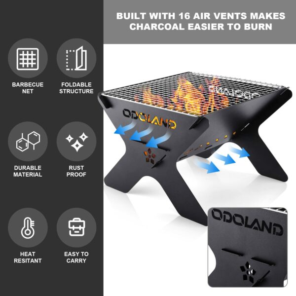 Odoland Camping Fire Pit, Portable Fire Pit for Camping, 2 in 1 Wood Burning Fire pit Grill with Detachable Cooking Grate for Outdoor BBQ, with Carry Bag