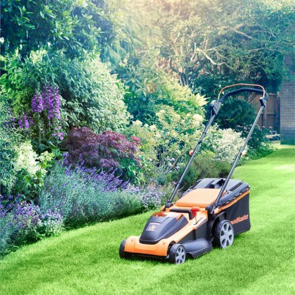 LawnMaster 48V 41cm Cordless Lawnmower with Spare MX 24V 4.0 Ah Batteries and 2x Fast Chargers - with Edging Comb, Rear Roller and Mulching Function - For Large Lawns